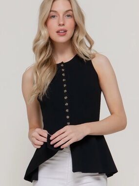 A329. Sleeveless Black Peplum Button-Front Top